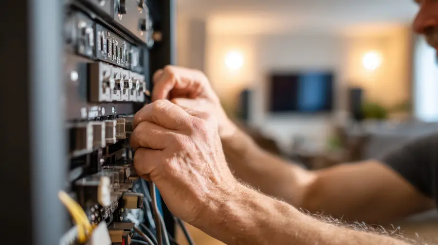 A hand working at a wall-mounted structured wiring and surge panel
